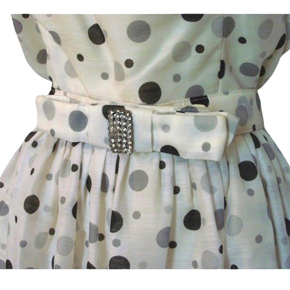 Vintage 1950s White & Black Polka Dots Print Dress with Belt - Picture 6 of 9